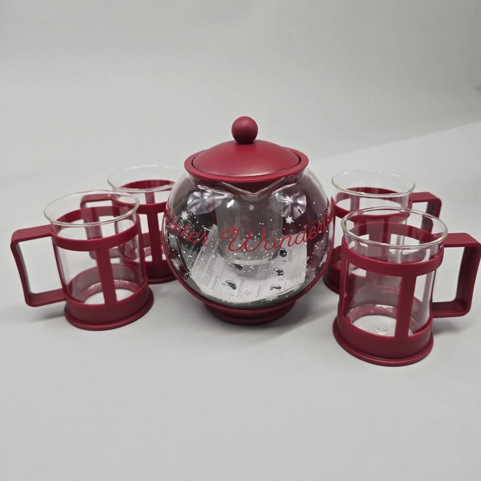 Red Winter Wonderland Half Moon Teapot Set with 4 Tea Cups Removable Filter - Image 1 of 4