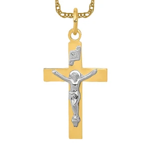 14K Solid Two Tone Gold Inri Jesus Crucifix Cross Necklace - Picture 1 of 12