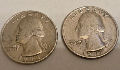 Lot Of 2 Error Coins 1977 D + 1983 P Washington Quarters Mint Marks Filled In - Image 1 of 4
