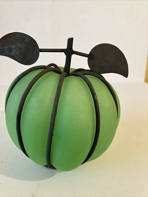 Votive Candle Holder. Green Pumpkin With Wire Support. - Image 1 of 4