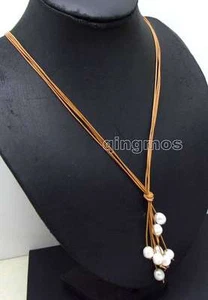 10-11mm Rice Natural White Pearl Necklace for Women Leather 4 Strands Long 32" - Picture 1 of 6