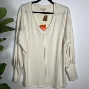 Knox Rose Sweater Large V-Neck Exaggerated Balloon Cuff Side Split Hem Soft NWT - Picture 1 of 10