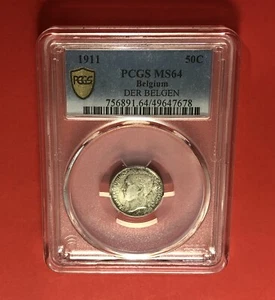 1911- BELGIUM(DER ( DER BELGEN)l )-UNCIRCULATED 50C COIN,GRADED BY PCGS MS64 - Picture 1 of 4