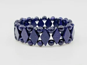 * WOW! BLUE GOLDSTONE BEADED SLIP ON STRETCH BRACELET * - Picture 1 of 2