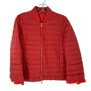 MONCLER Coral Red Perforated Faux Leather Puffer Jacket Size Medium - Picture 1 of 12