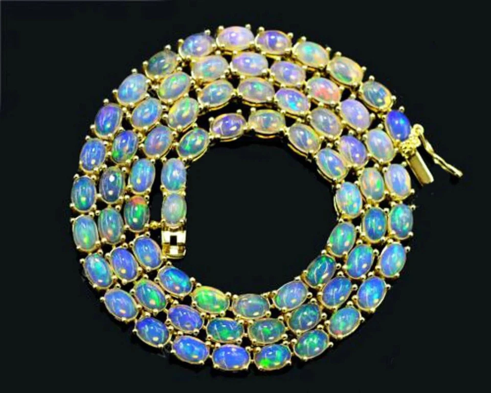 30Ct Lab-Created Ethiopian Fire Opal Tennis Necklace in 14K Yello Gold Over 925 - Image 1 of 4