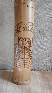 VTG Bamboo Log Drum Teponaztli Handmade Etched Dragon Temple TUN KUUL 13x3" - Picture 1 of 10