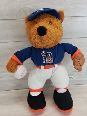 Vintage 2002 Detroit Tigers 17in Tall Stuffed Plush Bear With Ball & Glove Cover