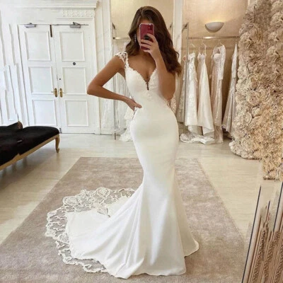Satin Mermaid Wedding Dresses V-Neck Spaghetti Straps Bridal Gowns Sweep Train - Image 1 of 4