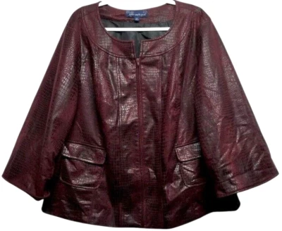 Susan Graver 2X Faux Leather Crocodile Print Cape Jacket Burgundy Pockets & Zipp - Image 1 of 4