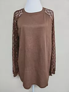 NWT CUPSHE Women's Blouse Top Long Sleeve Round Neck Lace Brown Color.Size XL - Picture 1 of 15
