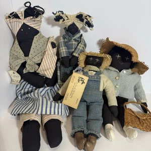 Lote de 4 muñecas de trapo de tela afroamericanas negras de colección cosidas a mano arte popular facial - Imagen 1 de 14