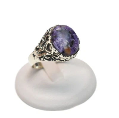 Anillo de plata de ley 925 con incrustación de ágata púrpura talla 14 banda de plata Foto 1 de 4