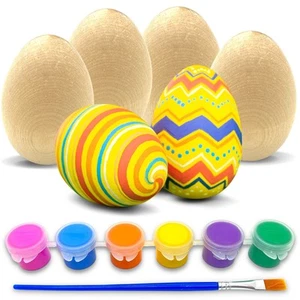 Easter Egg Decorating Kit – 6 Large 2.5" Flat-Bottom Wooden Eggs with 6-Color... - Picture 1 of 5
