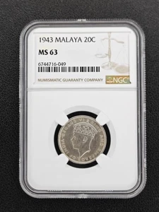 1943 Malaya 20 Cents NGC MS63 Brilliant Uncirculated - Picture 1 of 2