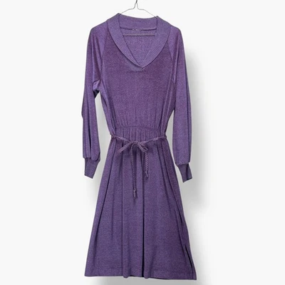 Vintage Womens Sweatshirt Dress Large Purple Raglan Belted V-Neck Knit Velour - Image 1 of 4
