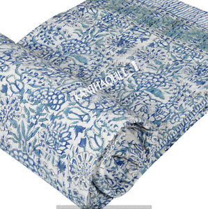 Indian Handmade Cotton Hand Block King Size Kantha Quilt Bedspread Blanket Throw