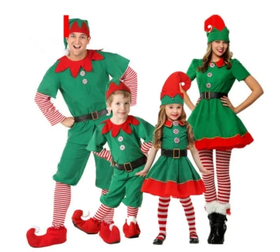 Adult Kids Christmas Elf Cosplay Costume Xmas Perform Clothes Fancy Dress UK - Image 1 of 4