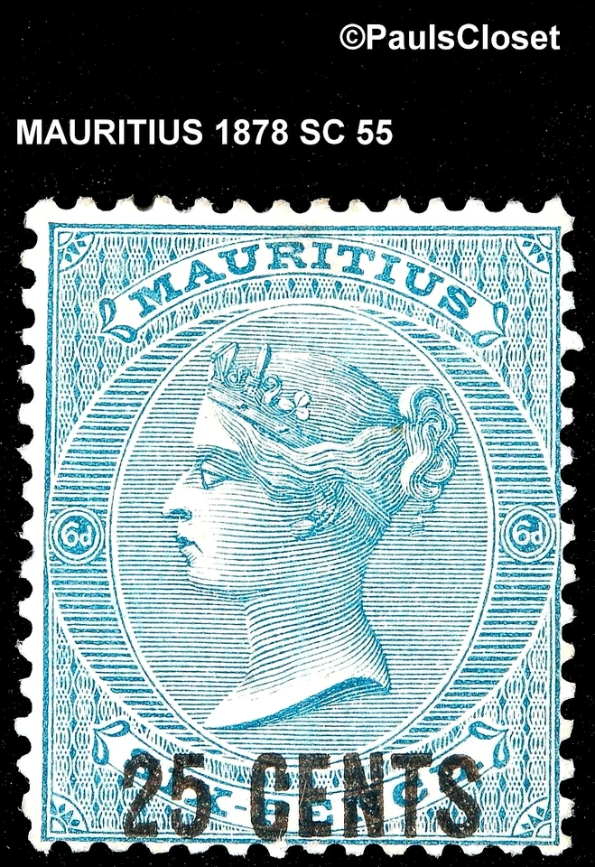 MAURICIO 1878 SC 55 REINA VICTORIA AZUL PIZARRA 25¢ EN 6p MHR OG FINO/MUY FINO Foto 1 de 2