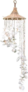 Carillones de viento concha marina blanca con sombrero de ratán decorativo playa exterior 6" x 24" - Imagen 1 de 3