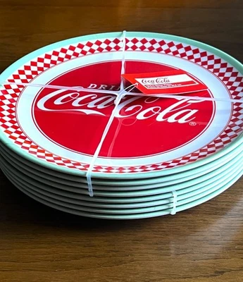 NWT Drink Coca-Cola Set of 8 Retro Red/Green 10.5" Melamine Dinner Plates - Image 1 of 4