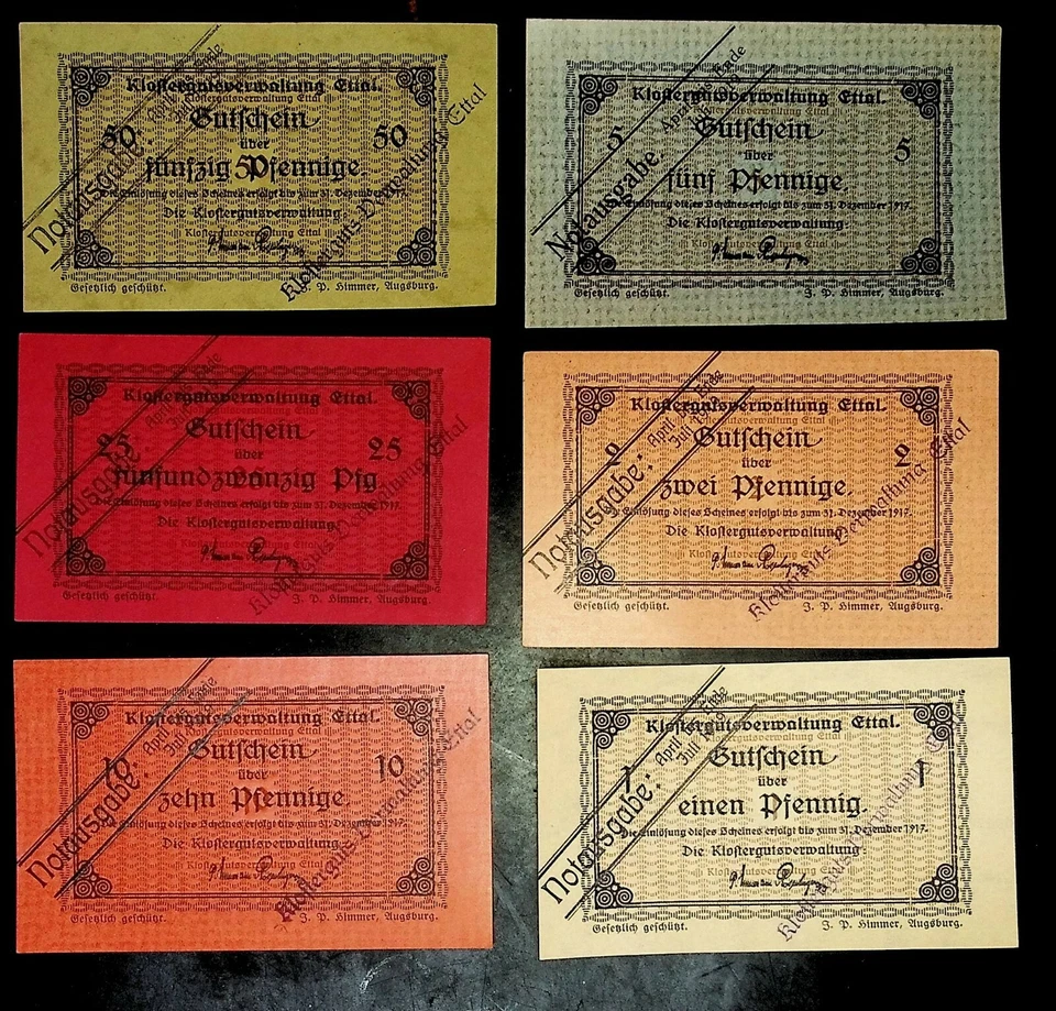 1917 Germany LAGERGELD set of 2  5 10 and 25 50 Phennig  WW1 POW ETTAL cancelled - Image 1 of 2