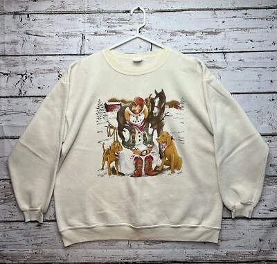 Sudadera De Colección Muñeco de Nieve Caballo Perros Cachorros Invierno Escena Granero Nieve Cuello Redondo - XXL Foto 1 de 4