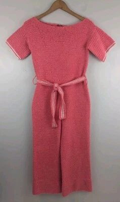 Vintage 70s Handmade Jumpsuit Crochet Yarn Hippy Groovy One Piece Playsuit XS S  - Image 1 of 4