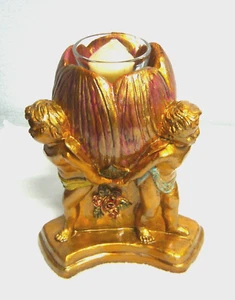 Portacandele vintage Hollywood Regency angeli tono oro gesso 7,5"Tx 5,25"x5,25" - Foto 1 di 12