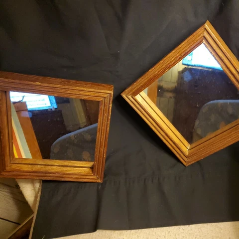 2Vtg Hallway Mirror Wood Framed 8"old Wall Decor Antique Pair Diamond Square MCM Cover