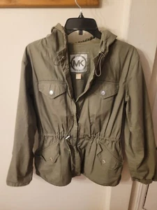 Michael Kors Utility Jacket Womens SMALL Olive Green Cinch Waist Hood Cotton - Picture 1 of 11