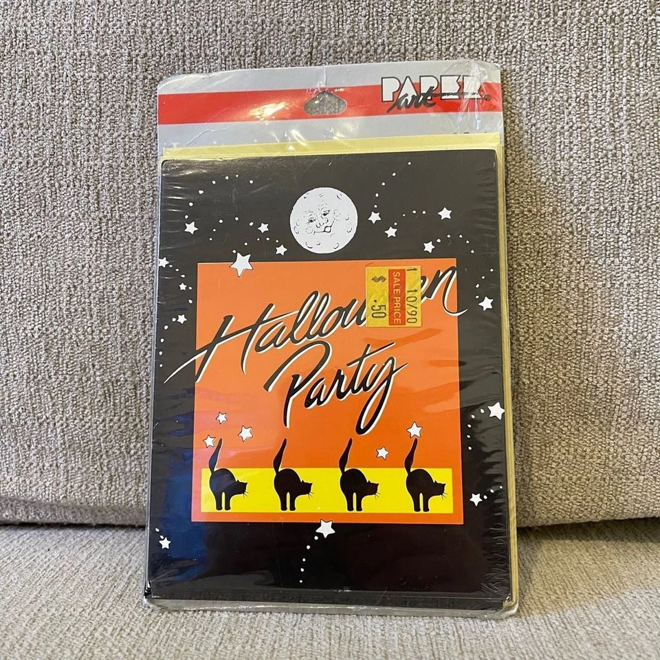 Lot of 8 Vintage black cat Halloween Party Invitations Greetings party art 90's - Image 1 of 2