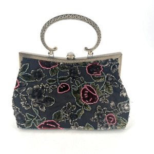 Vintage Mini Black Velvet Floral Beaded Chain Strap Top Handle Purse Hand Bag