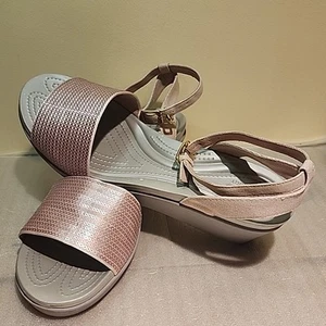 CROCS LeighAnn Ankle Strap Pink Sequin Wedge Sandals Comfort Shoes Women's Sz 11 - Picture 1 of 12