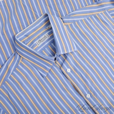 #1 Camisa de Vestir HOMBREWEAR Charvet Hecha en Francia Piscina Azul Dorado Blanco Rayas 42 L Foto 1 de 4