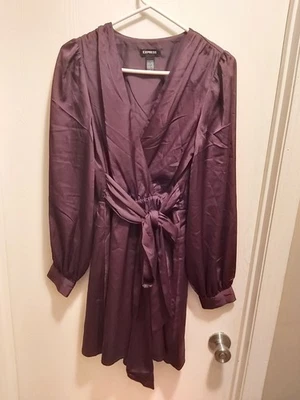 EXPRESS SILKY WRAP DRESS WOMAN SIZE SMALL V-NECK BISHOP SLEEVE DARK PURPLE PLUM - Image 1 of 2