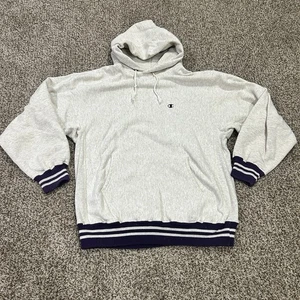 Vintage 90s Champion Reverse Weave Hoodie Gray Sz M Kangaroo Pocket Striped - Picture 1 of 8
