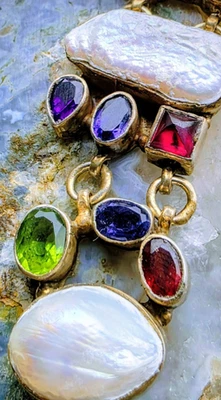  Multi-Gem And Pearl Sterling Silver Handcrafted 925 Bracelet - Boho Chic  33g - Image 1 of 4