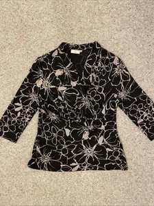 CC Petite 'S' wrap V Neck Jersey Top Black & Stone Floral Size XL 3/4 Sleeve VGC - Picture 1 of 2