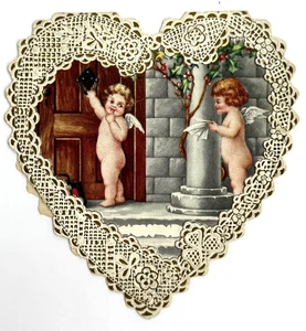 Victorian Embossed Scalloped Heart Valentine Card Two Little Cherubs 1900s - Picture 1 of 4