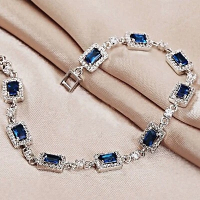 18K White Gold Filled Made With Swarovski Crystal Rectangle Blue Tennis Bracelet Foto 1 de 4