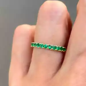 0.60 Ct Emerald Minimal Half Eternity Ring 14k Solid Yellow Gold - Picture 1 of 5