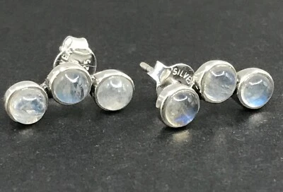 rainbow moonstone stud earrings solid Sterling Silver round 3 stone. Box. - Image 1 of 4