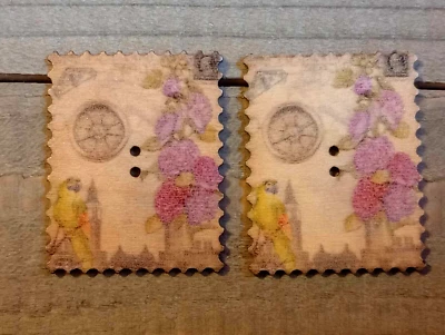 2 Parrot Flower Stamp Sewing Buttons Crafting Wood 2 Hole 1.5" x 1 1/8"  - Image 1 of 2