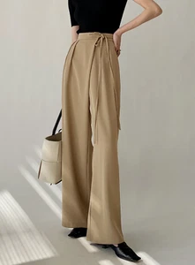 COMMENSE Palazzo Pants Small Tan Side Tie Pleated High Rise Wide Leg Trousers - Picture 1 of 20