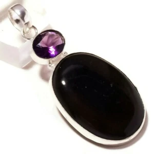 Natural Egyptian Black Onyx, Amethyst Gemstone Silver Overlay Handmade Pendant - Picture 1 of 4