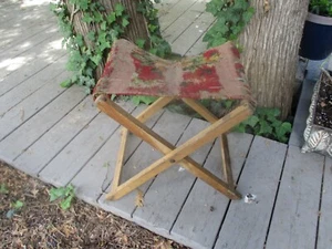 Antique wood folding camp stool. - Picture 1 of 6