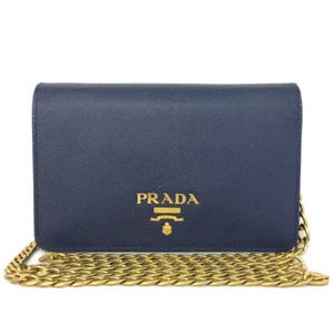 PRADA Logo Saffiano Leather Wallet On Chain WOC Shoulder Bag Blue/4BD0203 - Picture 1 of 12