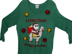 Lady's LARGE Christmas Sweater~Santa on a LLama.Letters: Christmas NO PROB-LLAMA - Picture 1 of 2