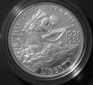1993-W USA - $1 DOLLAR - 50 YRS WWII D-DAY NORMANDY - 3/4 Oz PROOF SILVER CROWN - Picture 1 of 5